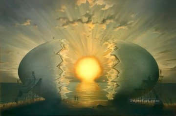 three women at the table by the lamp Painting - sunrise by the ocean II surrealism